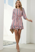 Striped Drawstring Waist Three-Quarter Sleeve Mini Dress - Guy Christopher 