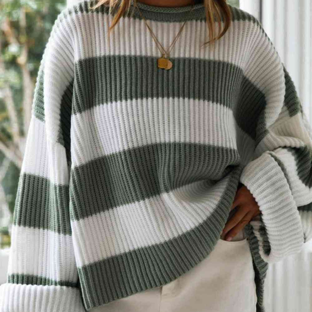 Striped Round Neck Long Sleeve Sweater - Guy Christopher 