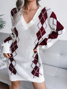 Woven Right Argyle V-Neck Ribbed Trim Sweater Dress - Guy Christopher 