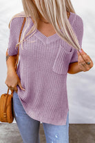 Side Slit V-Neck Short Sleeve Sweater - Guy Christopher 