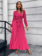 V-Neck Tie Waist Pleated Maxi Dress - Guy Christopher 