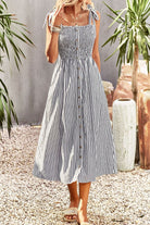 Smocked Tie Strap Sleeveless Striped Midi Dress - Guy Christopher 