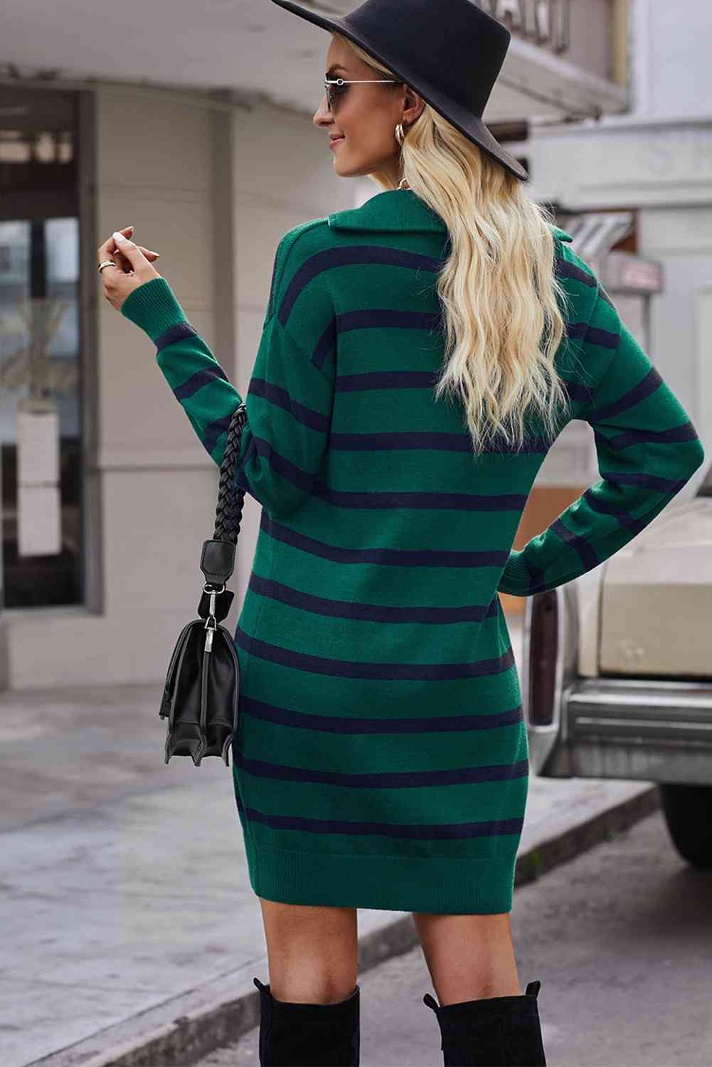 Striped Quarter-Zip Collared Sweater Dress - Guy Christopher 