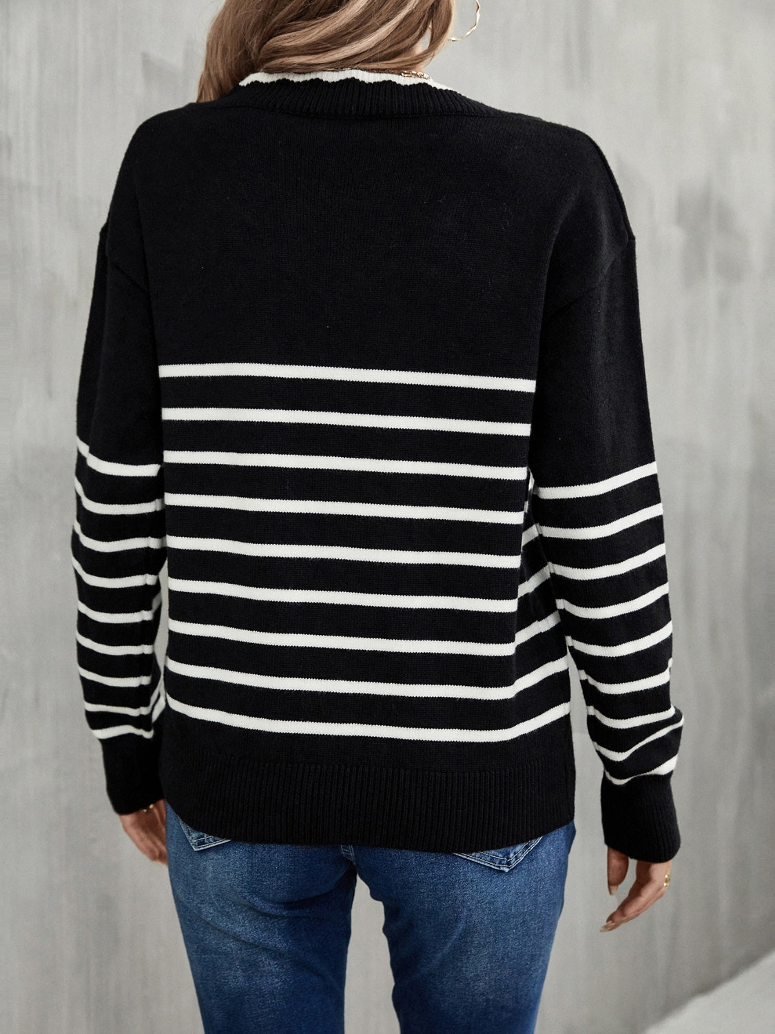 Striped V-Neck Drop Shoulder Sweater - Guy Christopher 