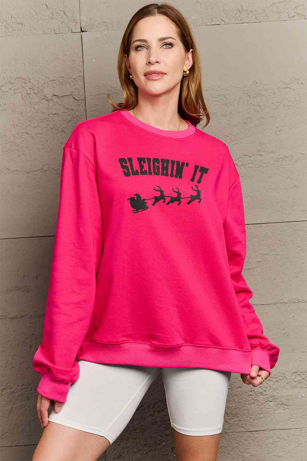 Simply Love Full Size SLEIGHIN' IT Graphic Sweatshirt - Guy Christopher 
