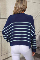 Striped Dropped Shoulder Round Neck Pullover Sweater - Guy Christopher 