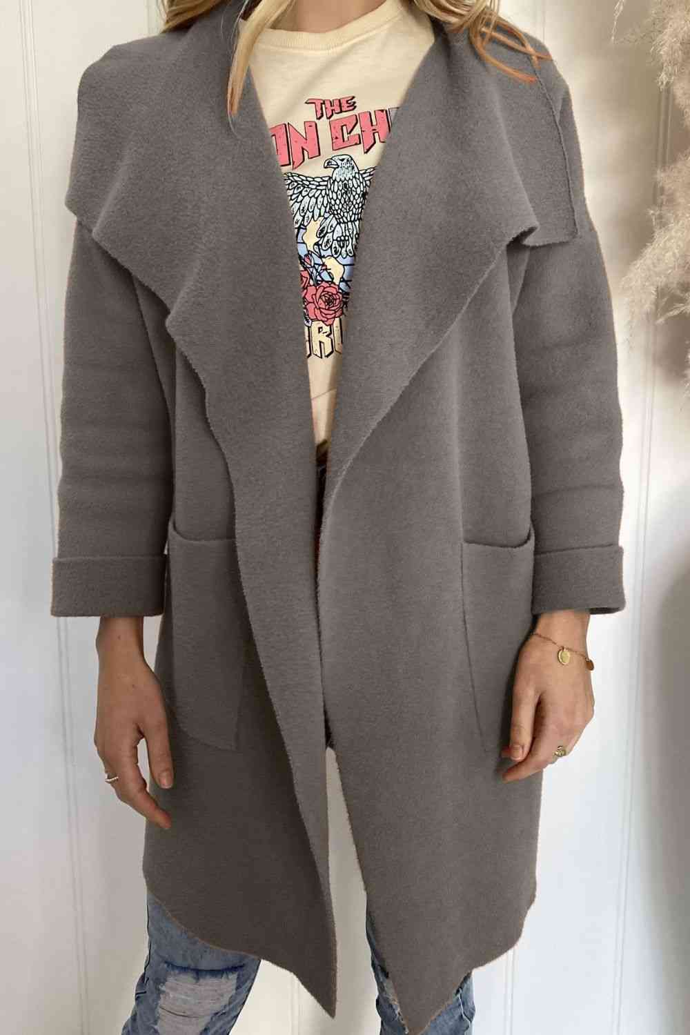 Waterfall Collar Brushed Longline Coat with Pockets - Guy Christopher 