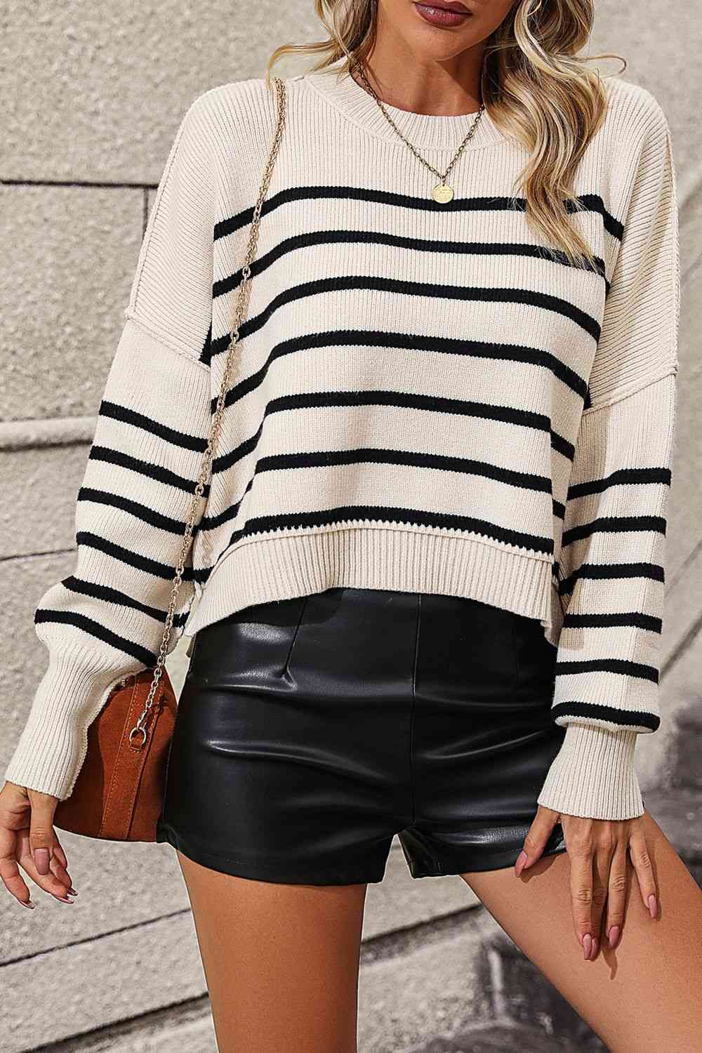 Striped Dropped Shoulder Round Neck Pullover Sweater - Guy Christopher 