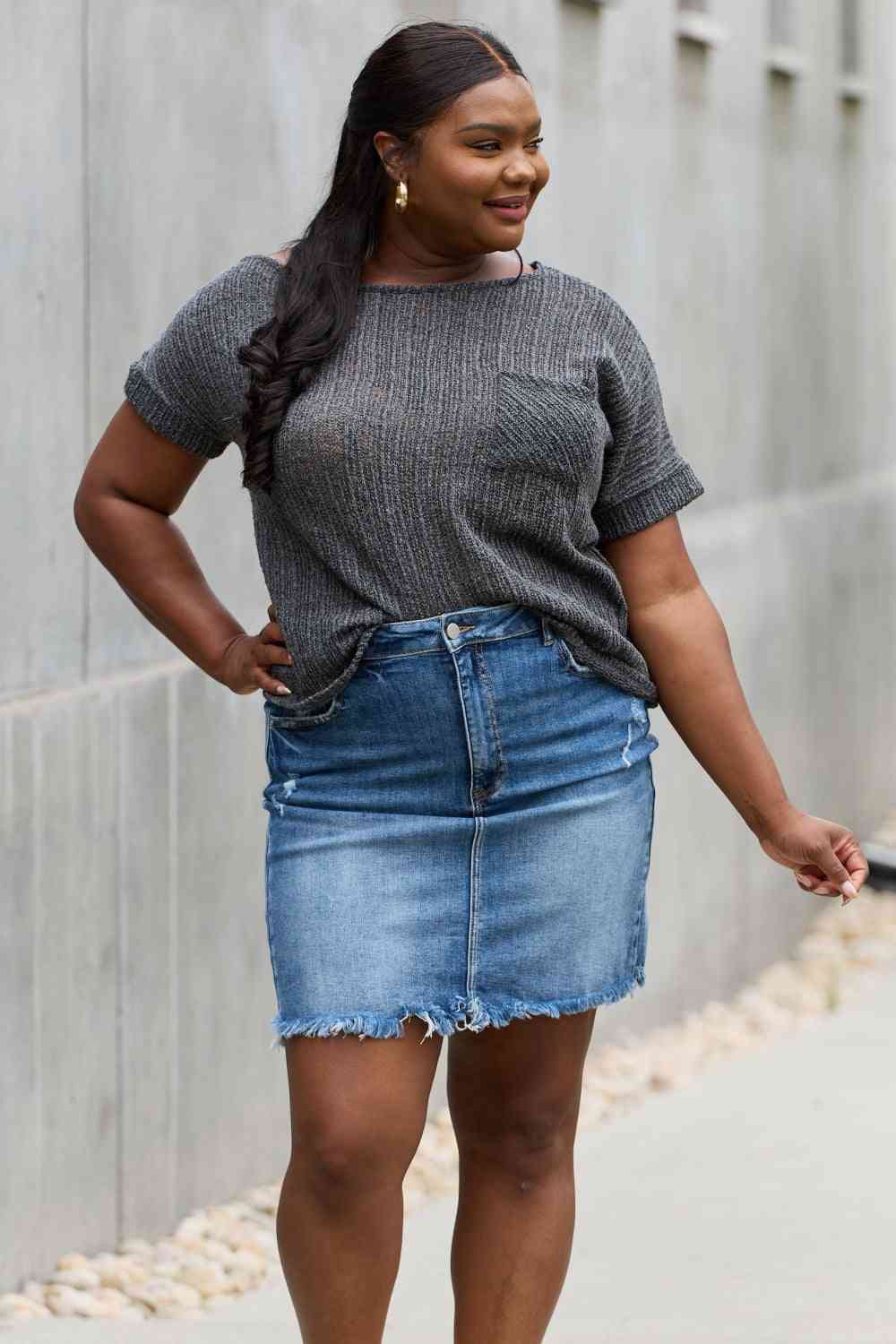 e.Luna Full Size Chunky Knit Short Sleeve Top in Gray - Guy Christopher