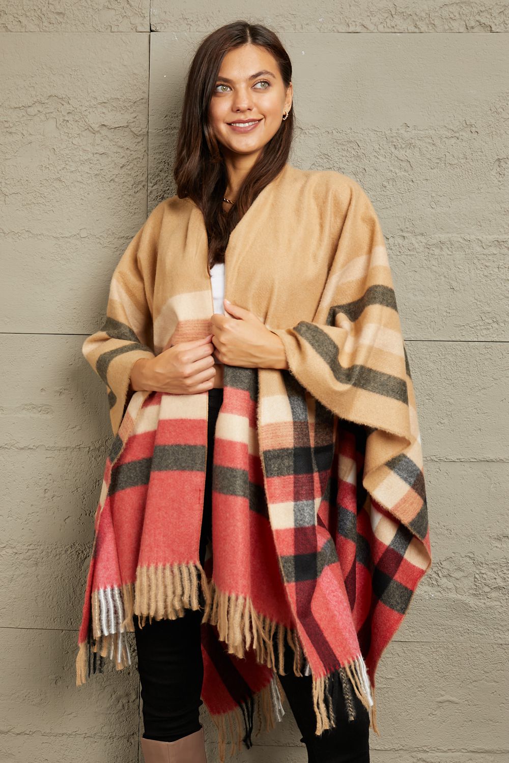 e.Luna Plaid Shawl Poncho Cardigan - Guy Christopher