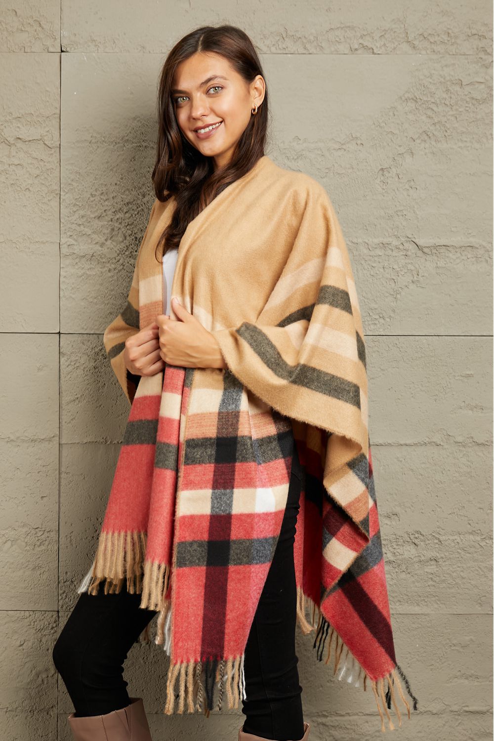 e.Luna Plaid Shawl Poncho Cardigan - Guy Christopher