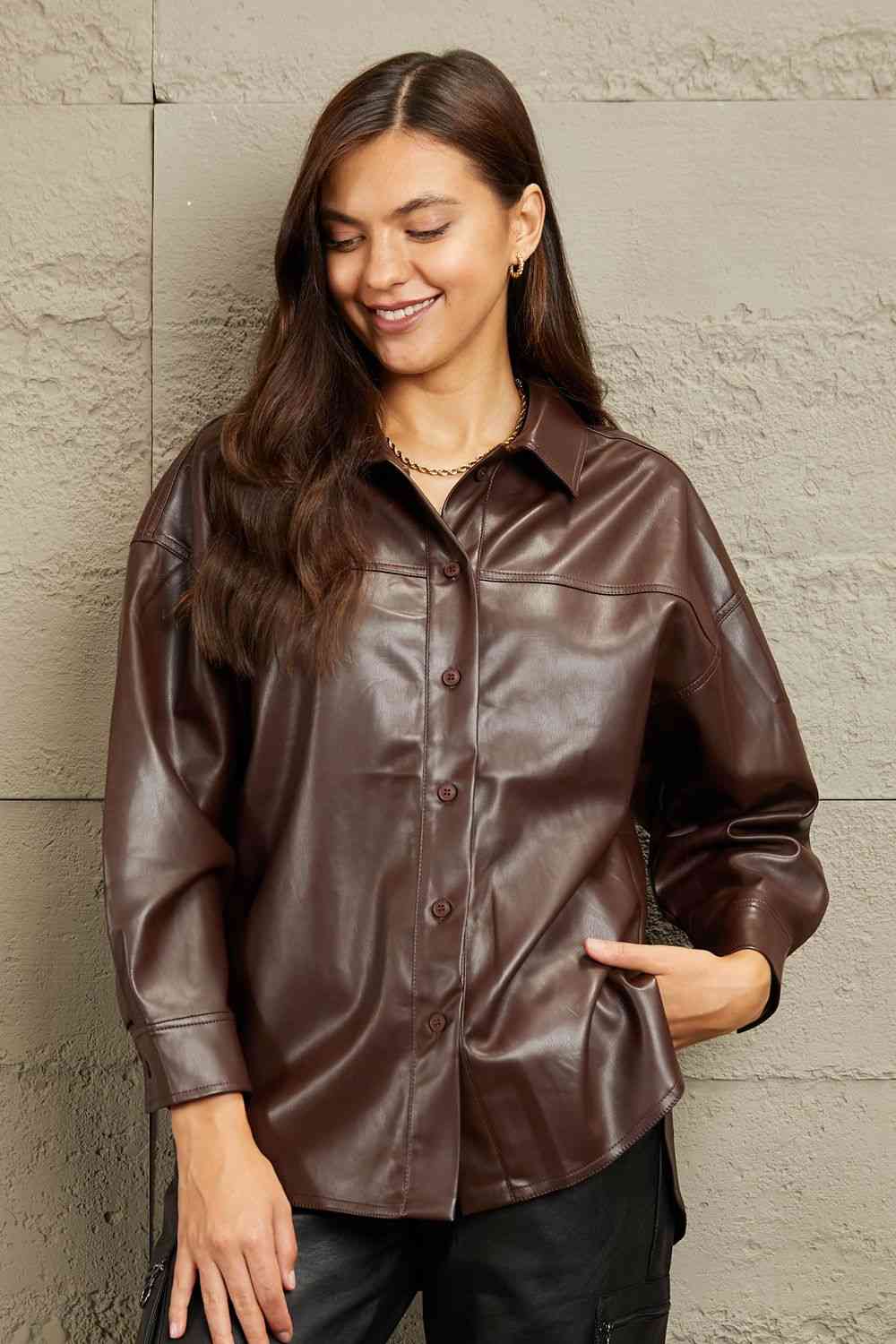 e.Luna Vegan Leather Button Down Shirt - Guy Christopher