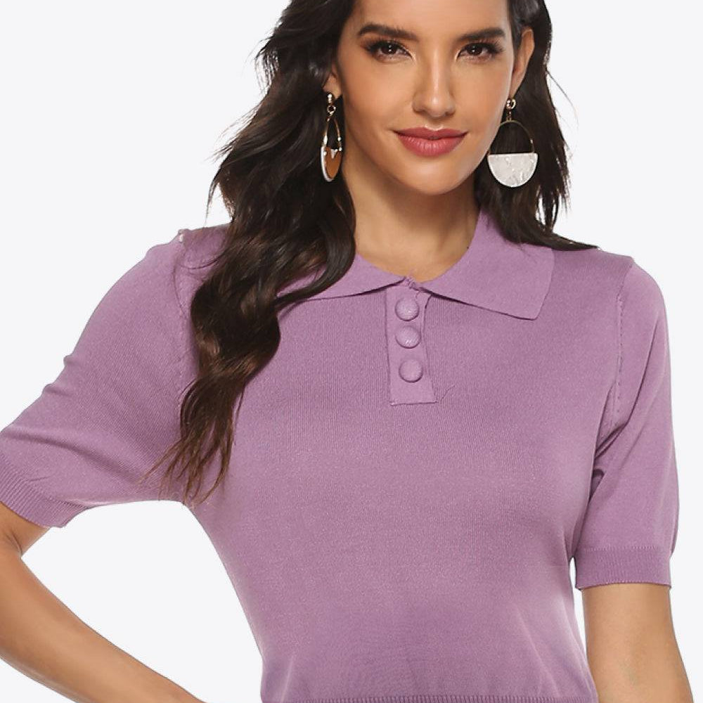 Embrace Elegance with Our Buttoned Collared Neck Short Sleeve Knit Top - Wrap Yourself in a Soft and Cozy Embrace and Feel Like Royalty All Day Long - Guy Christopher