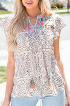 Embroidered Printed Flutter Sleeve Blouse - Guy Christopher