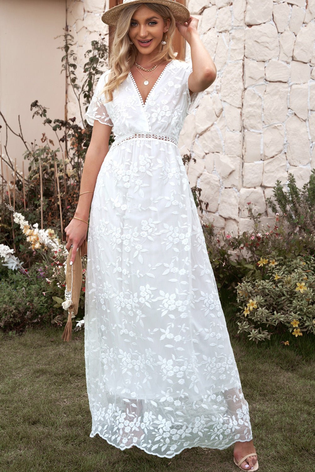 Embroidered Short Sleeve Surplice Neck Maxi Dress - Guy Christopher