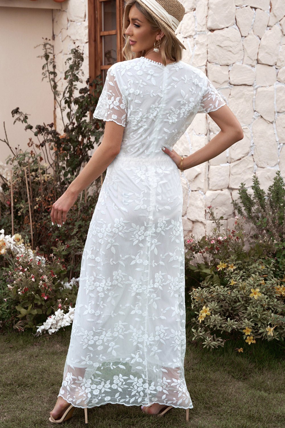 Embroidered Short Sleeve Surplice Neck Maxi Dress - Guy Christopher