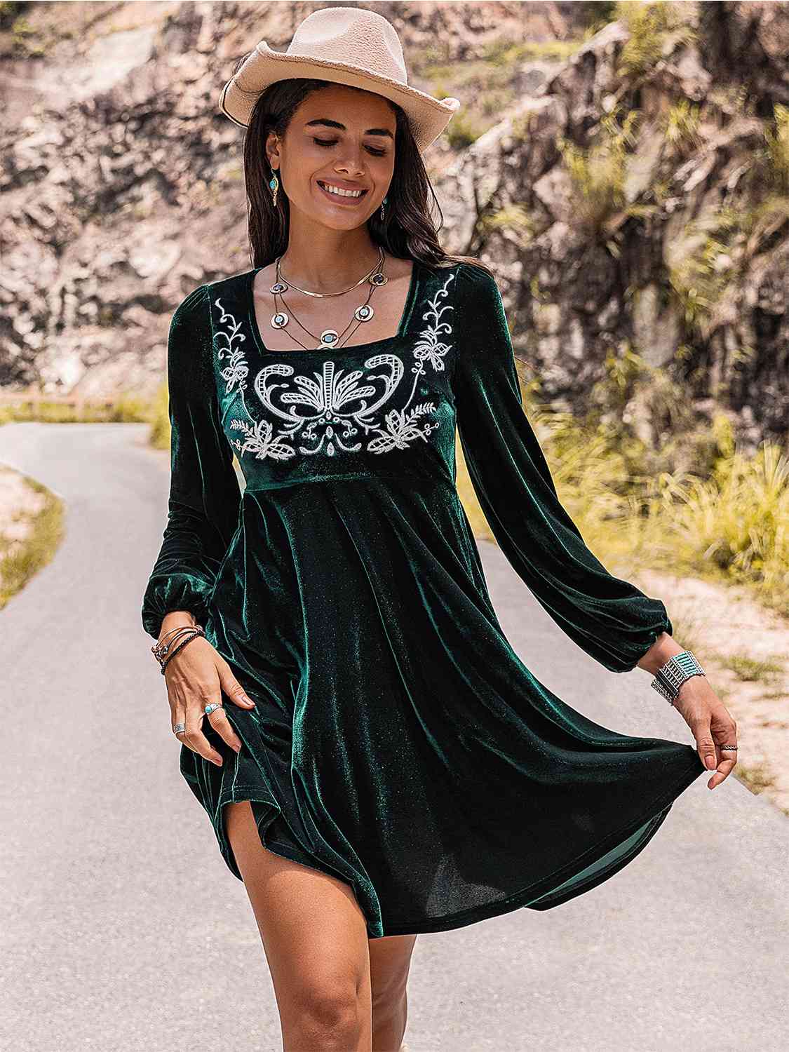 Embroidered Square Neck Long Sleeve Dress - Guy Christopher