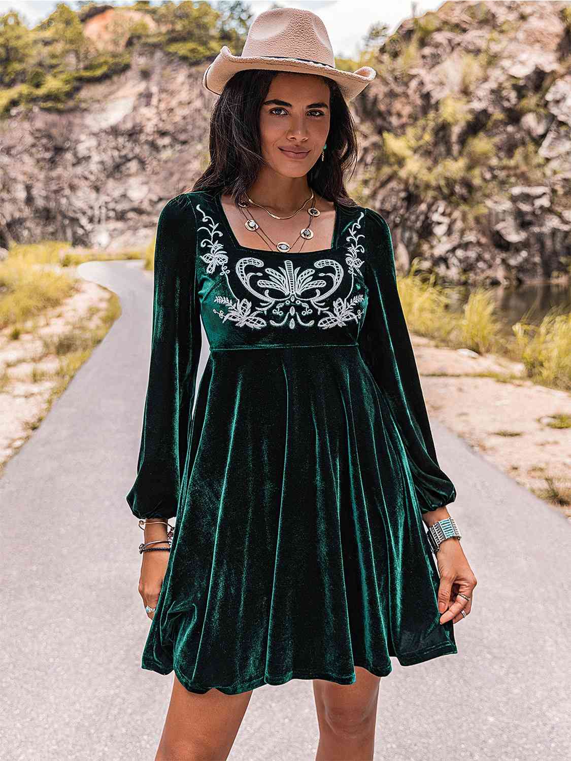 Embroidered Square Neck Long Sleeve Dress - Guy Christopher