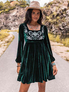 Embroidered Square Neck Long Sleeve Dress - Guy Christopher