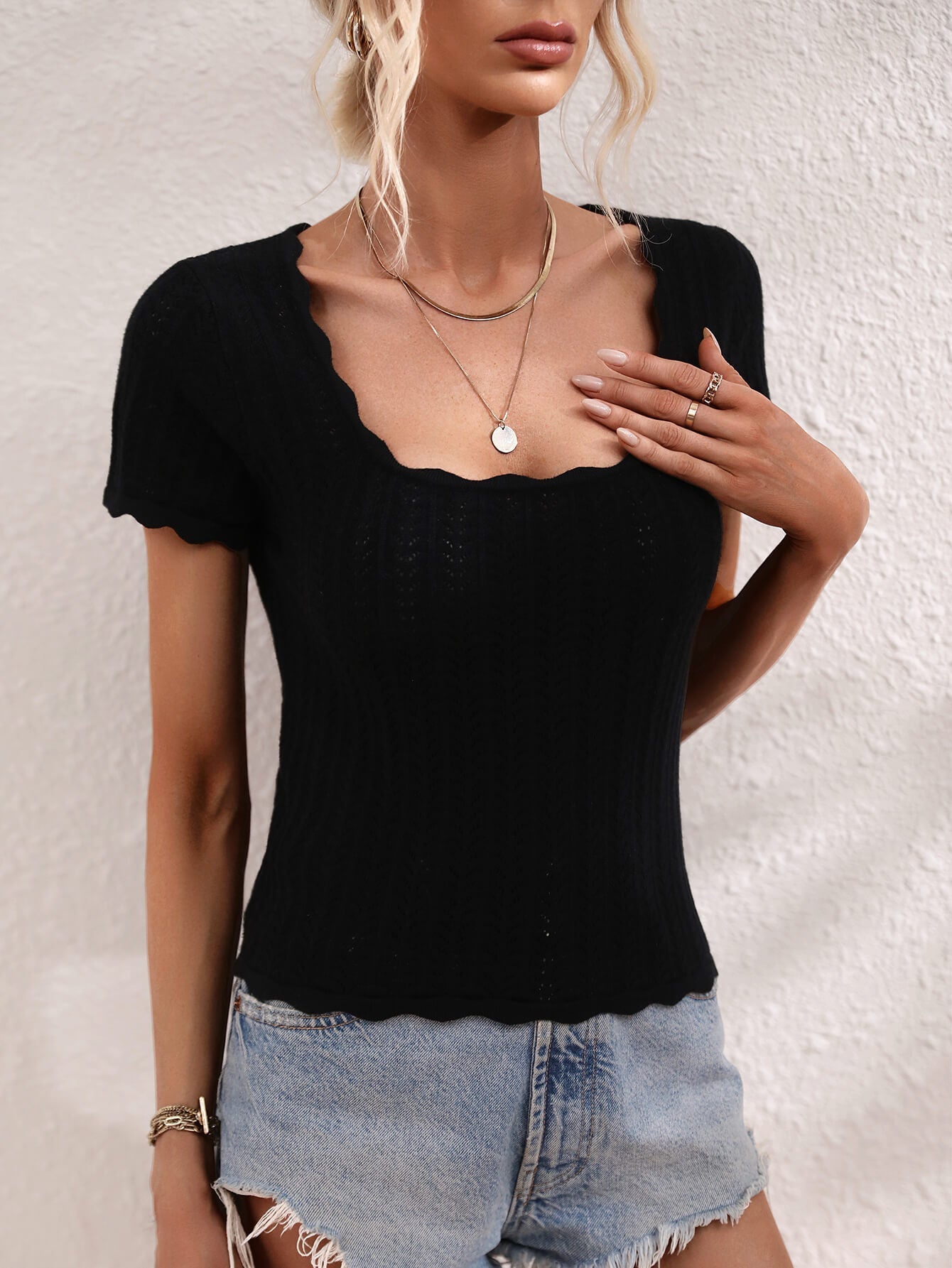Enchanted Love Scalloped Hem Square Neck Knit Top - Indulge in the Romance of Delightful Elegance - Flatter and Accentuate Your Every Curve with Comfort. - Guy Christopher