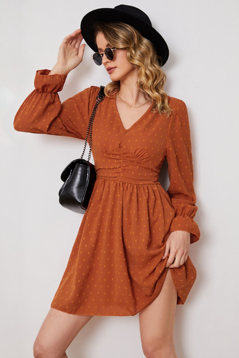 Enchanted Whimsy's Swiss Dot Ruched V-Neck Flounce Sleeve Dress - Transport Yourself to a World of Pure Romance and Grace - Embrace Your Inner Goddess - Guy Christopher