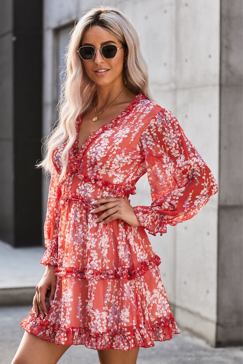 Enchanting Blossom - Embrace Romance with Our Floral Frill Trim Plunge Flounce Sleeve Dress - Feel Like a Work of Art - Guy Christopher