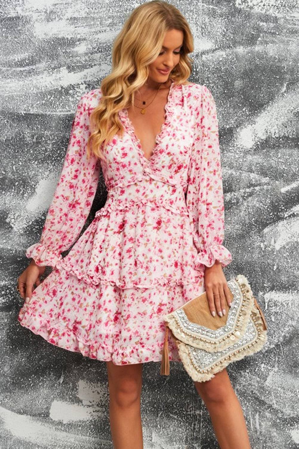 Enchanting Blossom - Embrace Romance with Our Floral Frill Trim Plunge Flounce Sleeve Dress - Feel Like a Work of Art - Guy Christopher