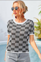 Enchanting Checkered Short Sleeve Knit Top - Unleash Your Inner Beauty and Captivate Hearts with Every Step - Guy Christopher