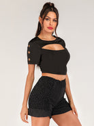 Enchanting Cutout Grommet Detail Cropped Tee - Embrace Romance with this Flattering and Elegant Piece. - Guy Christopher