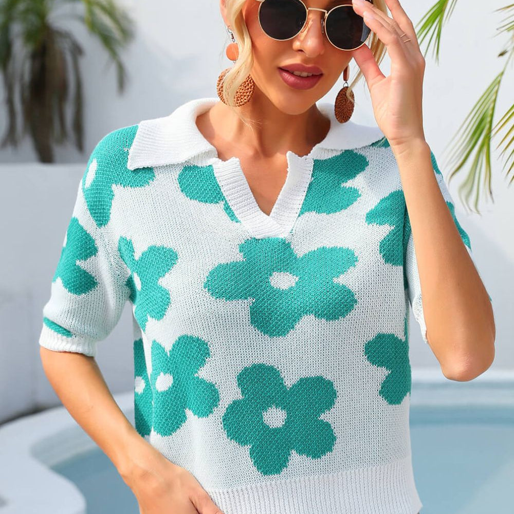 Enchanting Floral Johnny Collar Half Sleeve Knit Top - Embrace Romance with Every Stitch - Delicate Charm and Comfort for Effortless Elegance. - Guy Christopher