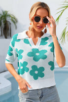 Enchanting Floral Johnny Collar Half Sleeve Knit Top - Embrace Romance with Every Stitch - Delicate Charm and Comfort for Effortless Elegance. - Guy Christopher
