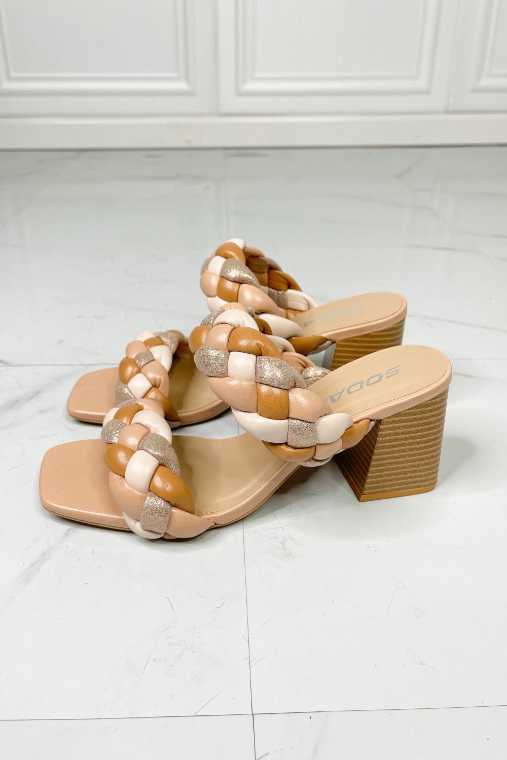 Enchanting Interwoven Dreams - Step into Elegance and Embrace Comfort with Braided Strap Block Heel Slide Sandals. - Guy Christopher