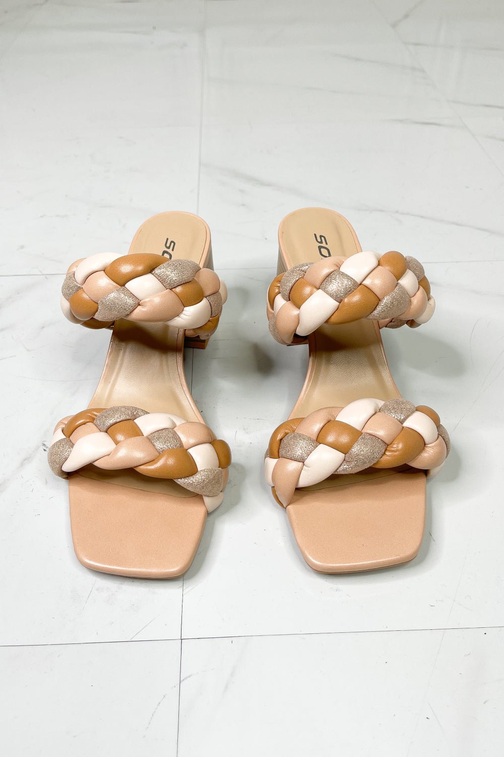 Enchanting Interwoven Dreams - Step into Elegance and Embrace Comfort with Braided Strap Block Heel Slide Sandals. - Guy Christopher