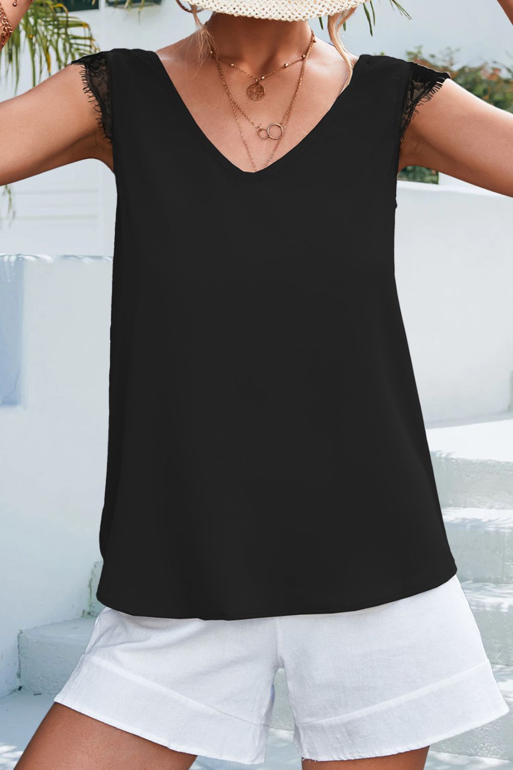 Enchanting Lace Detail Eyelash Trim V-Neck Tank - Unleash Your Inner Queen with this Dreamy Delight - Experience Luxury and Romance in Every Wear - Guy Christopher