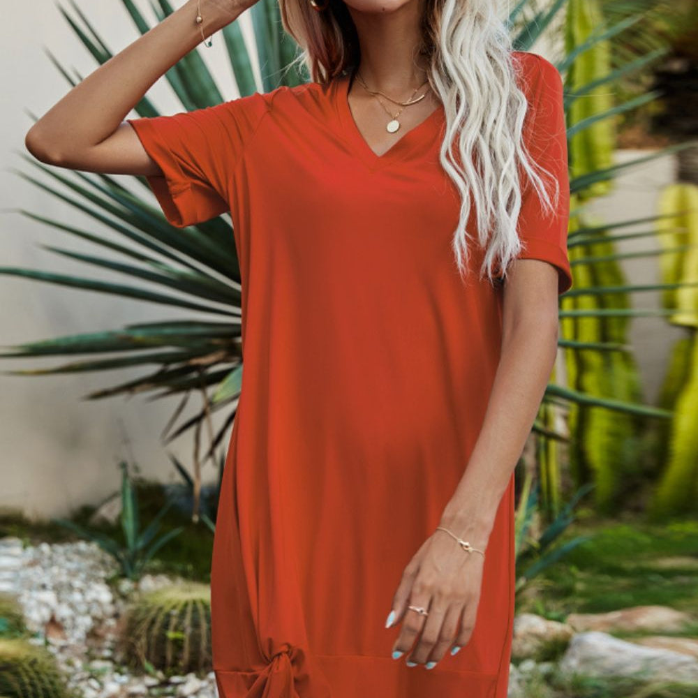 Enchantress of the Summer Breeze - Embrace your gentle movements with a flirtatious twist - Let the Twisted V-neck Short Sleeve Dress captivate your heart. - Guy Christopher