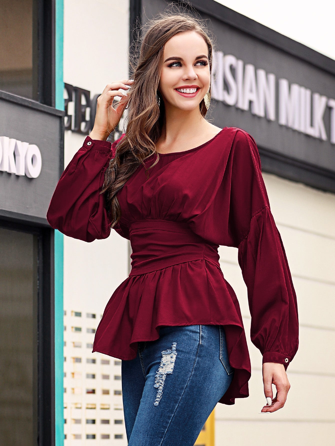 Exposed Seams Round Neck Dropped Shoulder Blouse - Guy Christopher