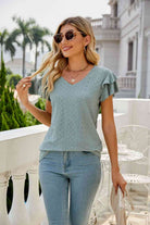 Eyelet Layered Flutter Sleeve V-Neck Top - Guy Christopher