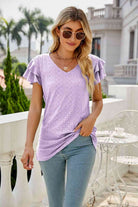 Eyelet Layered Flutter Sleeve V-Neck Top - Guy Christopher