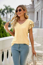 Eyelet Layered Flutter Sleeve V-Neck Top - Guy Christopher