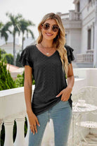 Eyelet Layered Flutter Sleeve V-Neck Top - Guy Christopher