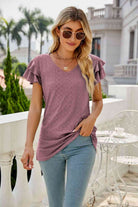 Eyelet Layered Flutter Sleeve V-Neck Top - Guy Christopher