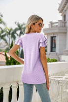 Eyelet Layered Flutter Sleeve V-Neck Top - Guy Christopher