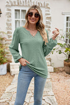 Eyelet Notched Neck Balloon Sleeve Blouse - Guy Christopher