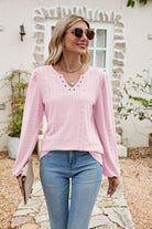 Eyelet Notched Neck Balloon Sleeve Blouse - Guy Christopher