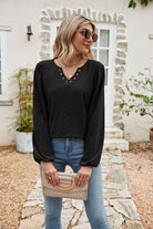 Eyelet Notched Neck Balloon Sleeve Blouse - Guy Christopher