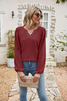 Eyelet Notched Neck Balloon Sleeve Blouse - Guy Christopher