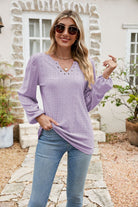 Eyelet Notched Neck Balloon Sleeve Blouse - Guy Christopher