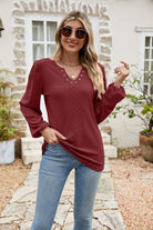 Eyelet Notched Neck Balloon Sleeve Blouse - Guy Christopher