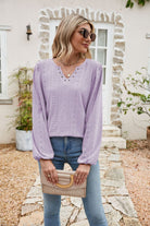 Eyelet Notched Neck Balloon Sleeve Blouse - Guy Christopher