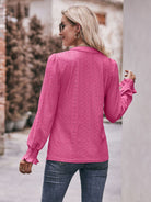 Eyelet Notched Neck Flounce Sleeve Blouse - Guy Christopher